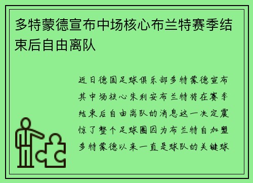 多特蒙德宣布中场核心布兰特赛季结束后自由离队